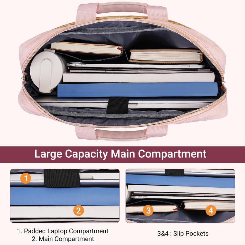 MOSISO Laptop Case 16 inch, 15-15.6 inch Laptop Sleeve with Handle, Pink | Compatible with MacBook Pro 16, HP Acer Dell Lenovo ASUS, Square Quilted Protective Carrying Computer Bag with 3 Pockets&Belt