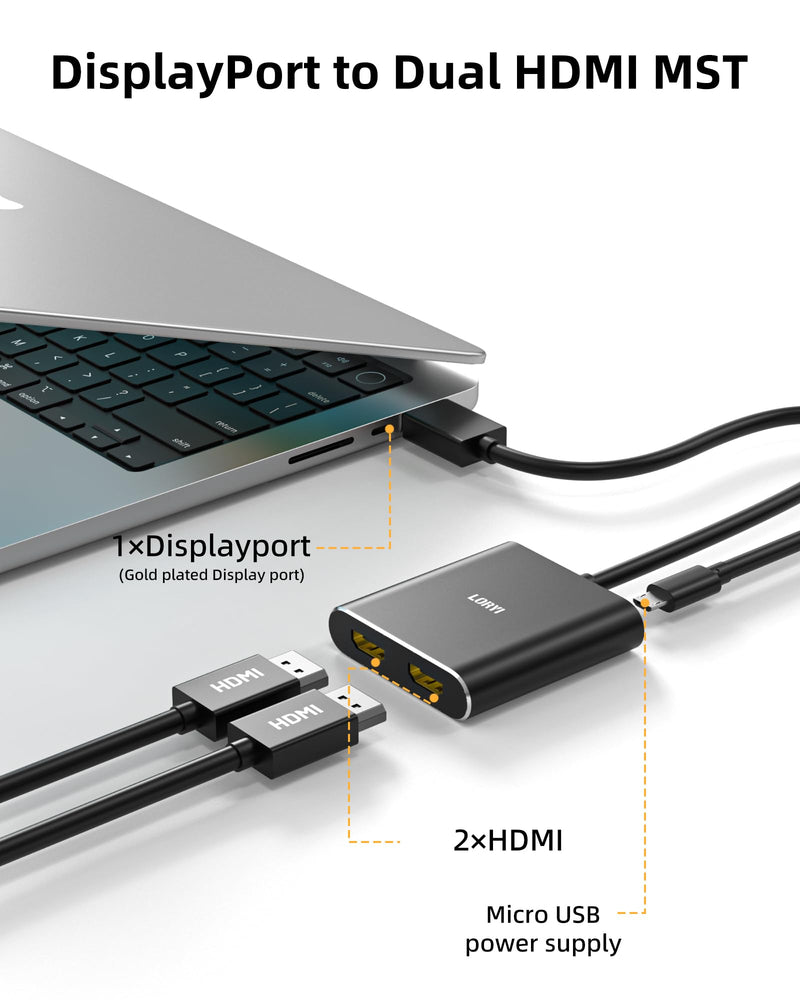 Displayport to Dual HDMI Splitter,4K 60Hz Multi-Monitor Splitter,Dual Monitor DP to 2 HDMI Monitor for Computer Laptop Graphic Card,PC,Windows Compatible MST Extended Mode