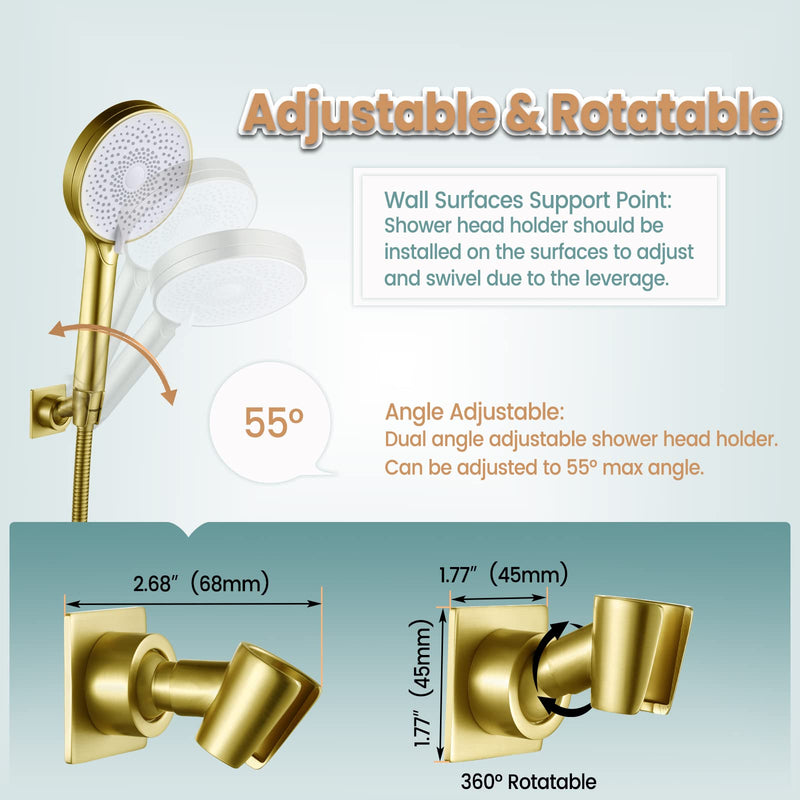 Shower Head Holder Handheld Shower Wand Holder Adjustable Shower Head Bracket Shower Wall Mount Holder, Brushed Brass/Gold Finish, Drill Free Glue Installation Brushed Gold