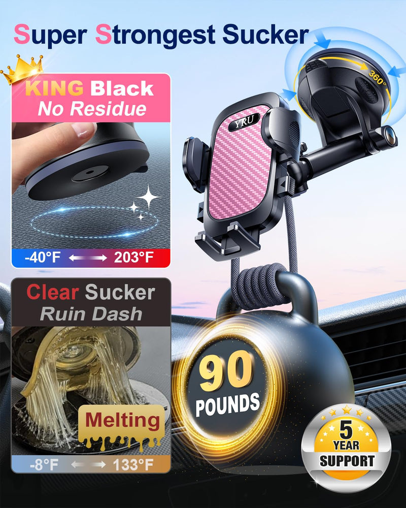 YRU True Military-Grade [360° Rotation Suction] 2025 Ultimate Car Phone Holder Mount 【90+LBS Safest Strongest & Patent Certs】 Dashboard Windshield Vent for iPhone 17 16 Pro Max Samsung, Pale Pink