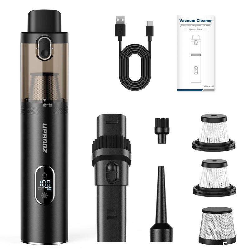 Handheld Vacuum Cordless, Upbooz Portable Car Vacuum, 14000PA Powerful Suction Vacuum Cleaner with LED Light and Air Duster 2 in 1, Low Noise Rechargeable Mini Hand Held Vacuum for Car Home Pet Office Black