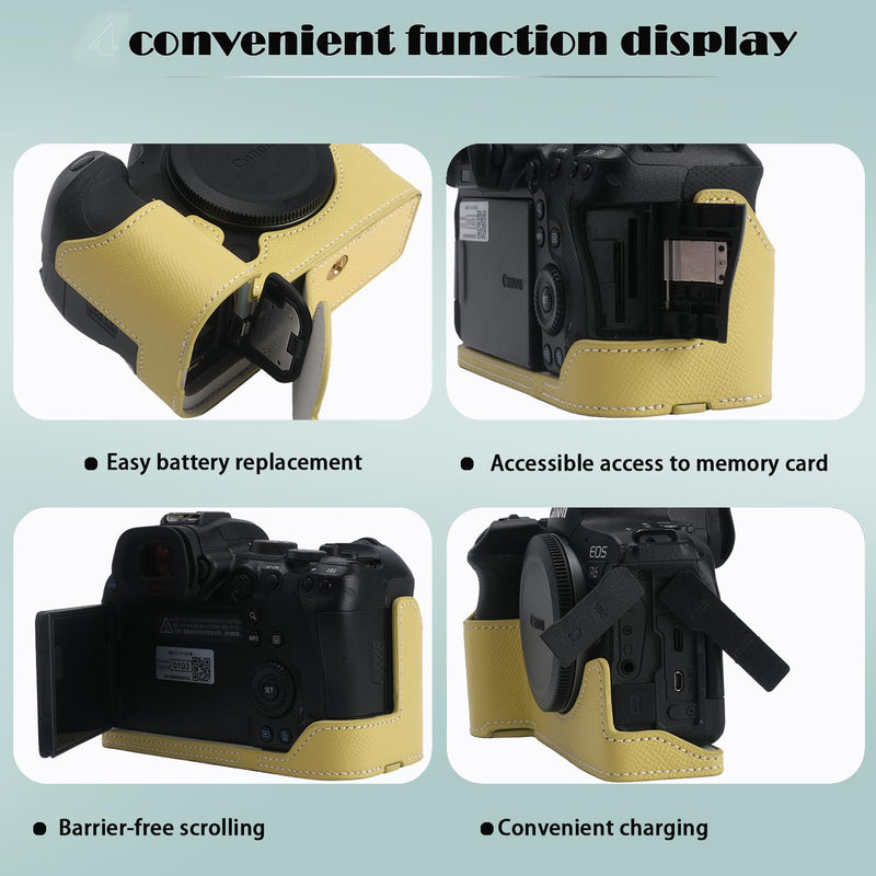 for Canon EOS R6/R6II Camera Case,Handmade Genuine Real Leather Half Camera Case Bag Cover for Canon EOS R6/R6II Camera Bottom Opening Version + Hand Strap (Yellow) yellow