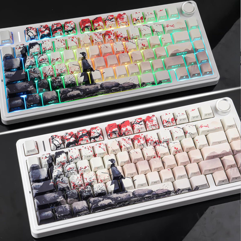 Tsungup Custom Japanese PBT Cool Keycaps, Key Caps Keyboard Keycap Set | Blossom Samurai Side Printed 131 Keys Cherry Profile for Cherry MX Switches Mechanical Keyboard