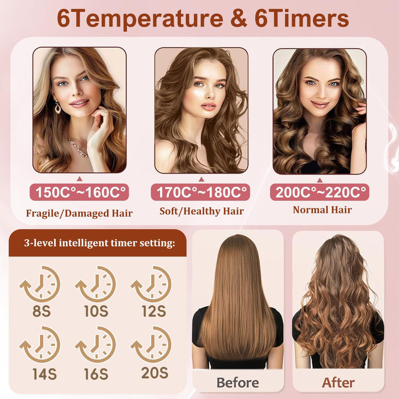 Hair Curler Cordless Automatic Rotating Rechargeable Anti-Scald Rose Gold | Cordless Ceramic Curling Iron|6 Temperature Settings|Compact Rechargeable Automatic Curling Iron for Travel & Outdoor Use