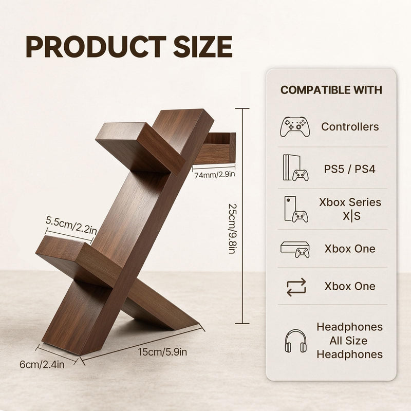 ASFSKY Wood Controller Holder and Headphone Stand, 3-in-1 Gaming Equipment | Dual Controller Stand with Non-Slip Base; Universal Headset Stand for PS5, Xbox Series X|S, Switch and Gaming Accessories