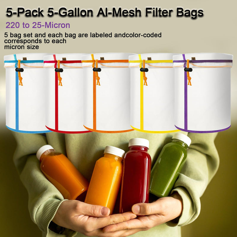 5-Pack Reusable Nylon All-Mesh Filter Bags with Filter Screen and Storage Pouch for Hydroponics and Gardening(220 to 25-Micron) (5 Gallon) 5 Gallon