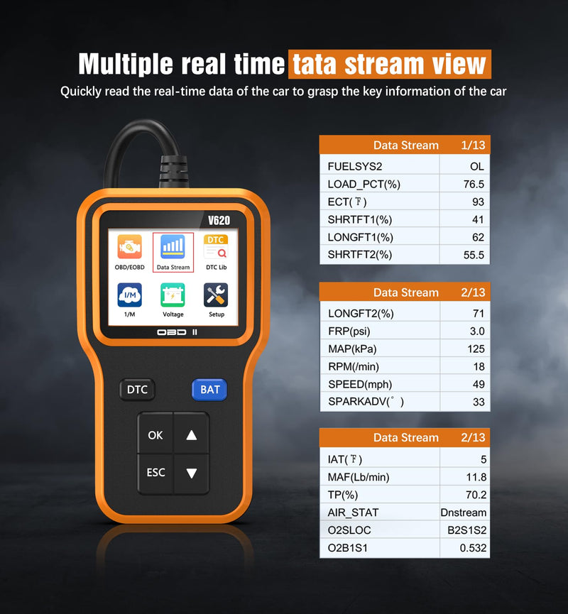 OBD2 Scanner with Upgrade Battery Tester - Diagnostic Tool for Cars That Check Engine Light & Emissions Readiness Read and Clears Vehicle Error Codes for All OBD II Protocol Vehicles Since 1996 orange