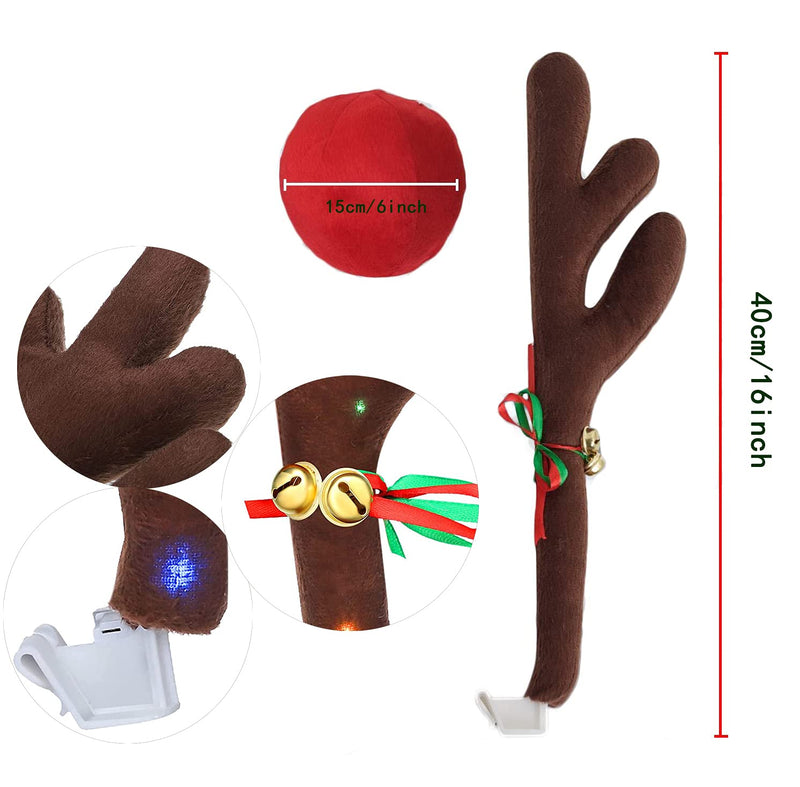 Car Reindeer Antler Kit with LED Light Christmas Auto Decorations Lighted Antlers and Nose with Jingle Bells Character Kit,Car Accessory (Multicolor)