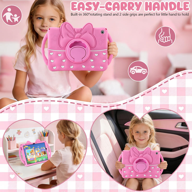 SAMONPOW for Galaxy Tab A11+ Plus Case 11 Inch Galaxy Tab A9 Plus Kids Case | Cute Bow Heart Silicone Cover Samsung Galaxy Tab A11+/A9+ Tablet Case 2025/2023 for Girls Teen with Rotating Stand Handle Hot Pink for Samsung Galaxy Tab A11+/A9+ Plus