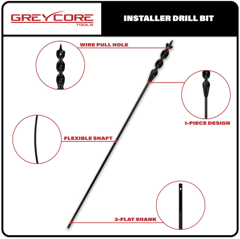 Greycore Tools 1/2 Inch x 54 Inch Flexible Drill Bit for Wire Pulling and Fishing, Auger Head Installer Drill Bit, Fish Bit for Pulling Wires in Walls (1/2" x 54" Installer) 1/2" x 54" 54" Length