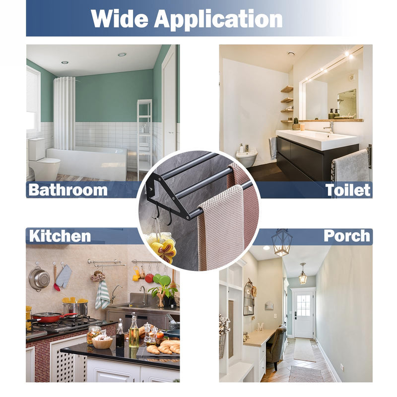 3-Layers Bathroom Towel Bar Wall Mounted Adhesive or Screw Mounting, 13.5"-24.5" Adjustable Bath Towel Holder Rack Stainless Steel Black Hand Towels Rod Hanger with Hooks for Home Kitchen Toilet