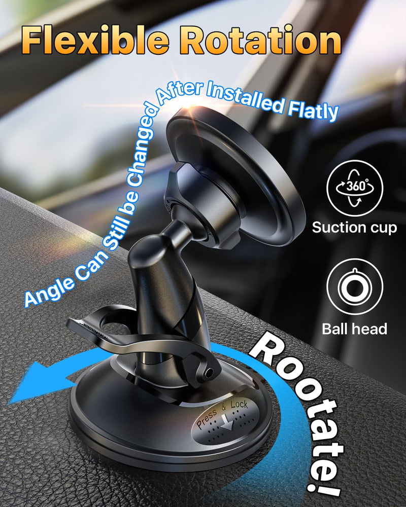 YRU [True Upgraded Military-Grade] Phone Holder for Magsafe Car Mount 360° Rotating Vacuum Suction Dashboard, 2800gf Strongest Magnetic Windshield Phone Mount for iPhone 16 Pro Max 15 14 13, Black