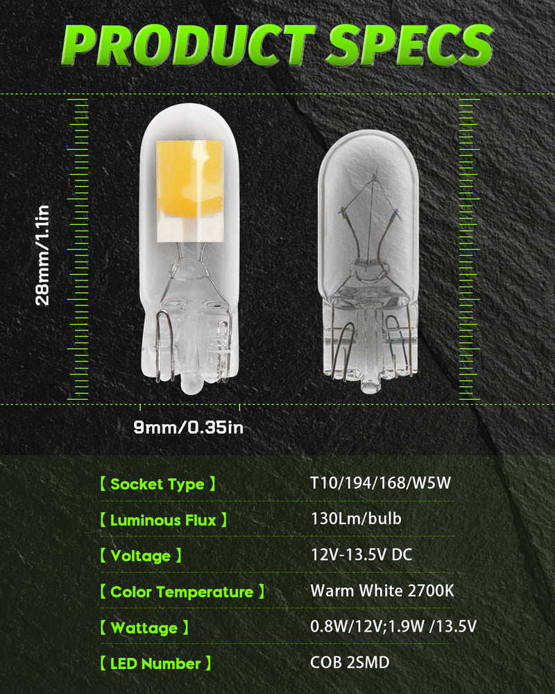 Alopee 10 Pack 194 Bulb Warm White LED 2700K Replacement for 168 194 W5W T10 Led Bulb RV Car Interior Lighting DC 12V Only 2700K-Warm White