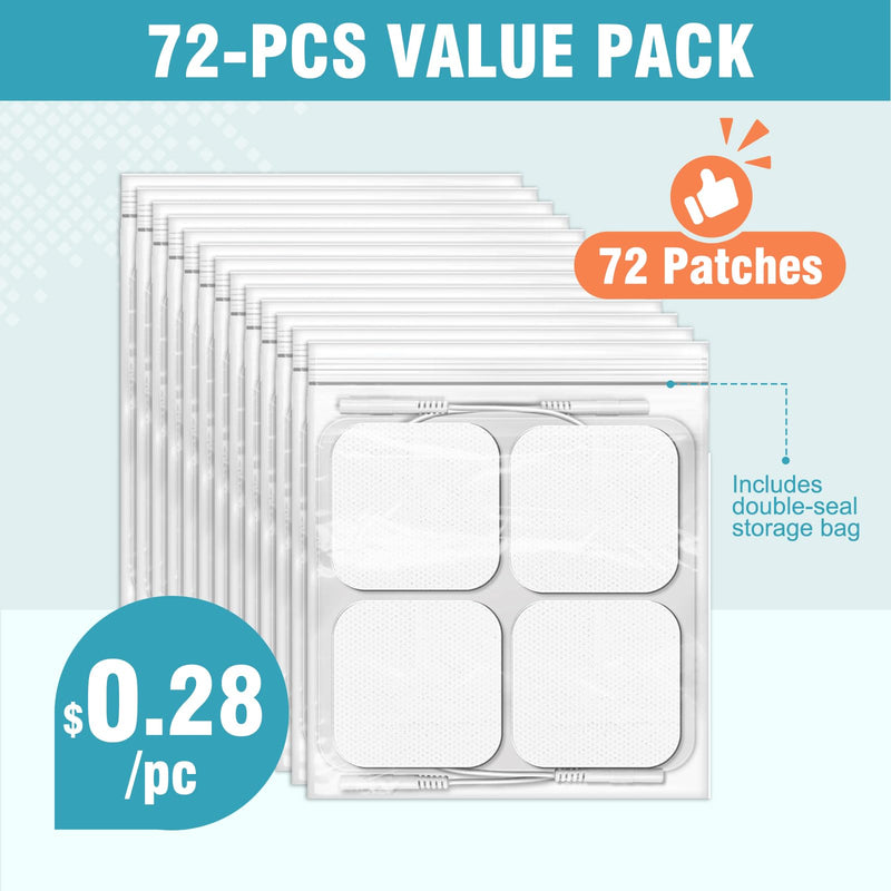 72PCS TENS Unit Pads (2"x2"), Reusable Self-Adhesive Electrodes Pads with 0.2mm Connector, Latex-Free, Hypoallergenic & Compatible with TENS/EMS 72PCS