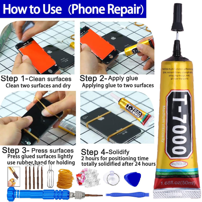 T7000 Black Glue for Cell Phones Mobile Repair Tools kit with Precision Tip, 4Pcs 15ml 50ml 110ml Waterproof Glue Speaker Earphone Electronics Computer Tablets LCD Screen Super Adhesive T-7000 Sealant 4Pcs Bulk T7000 Black Glue with repair tools kit