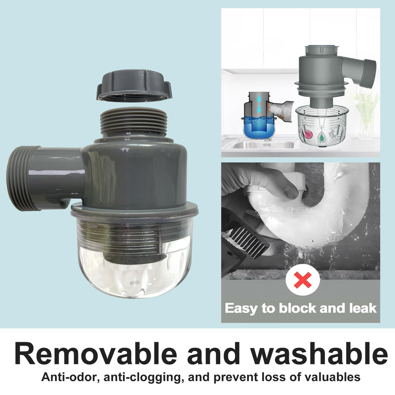 1 1/2" Kitchen Sink Drain Kit P-Trap Strainer Adjustable Height with 304 Stainless Steel 3-1/2" Sink Drain Assembly Kit for Kitchen Bar and RV Single Sink Drain Kit Gray