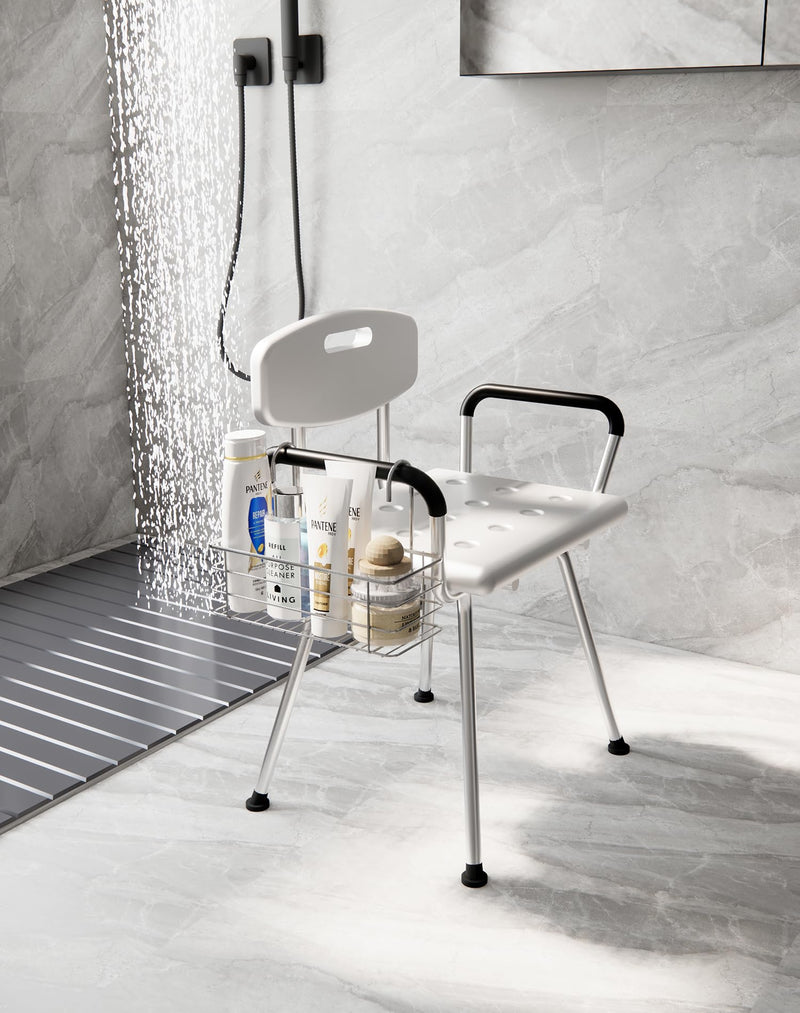 Bathroom Shower Organizer, Chair Upper Hanging Shelf, 304 Stainless Steel Seat Storage Shelf for Elderly Disabled Shower Chair Bench with Armrests