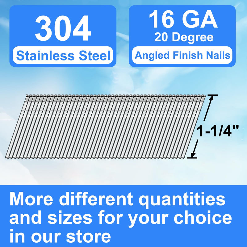 16 Gauge 20 Degree Angled 1-1/4 Inch 304 SS Finish Nails, 1400-Pack | Smooth jam-free driving for electric & pneumatic angled nailers, reliable use on interior and exterior woodwork