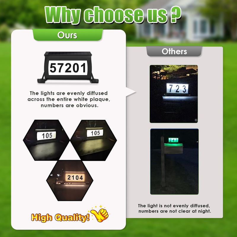 Solar Address Sign, 3 Colors-in-1 Waterproof Mailbox Number Plaque for Outside, Double-Sided Light-Emitting Mailbox Topper, House Numbers for Outside (No-drilling Option Available) Black
