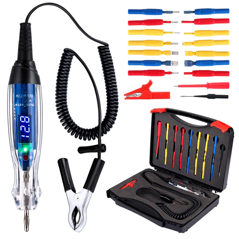 Test Light Probe Kit, 3-72V DC LED Digital Automotive Circuit Tester with Voltmeter, 18 Pieces Multi Function Auto Fuse Voltage Tester Electric Probe Test Kit with Black Carrying Case