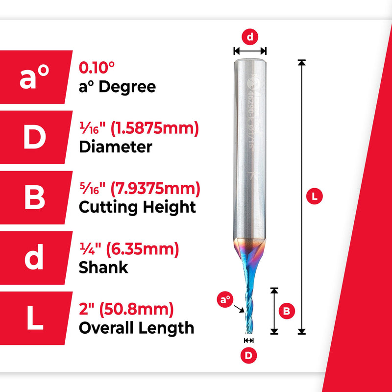 Amana Tool Up Cut Solid Carbide Spiral 2D/3D Carving Router Bit, 46290-K, Flat Bottom 0.10 Deg A x 1/16 D x 5/16 x 1/4 Shank x 2” Long x 3 Flute