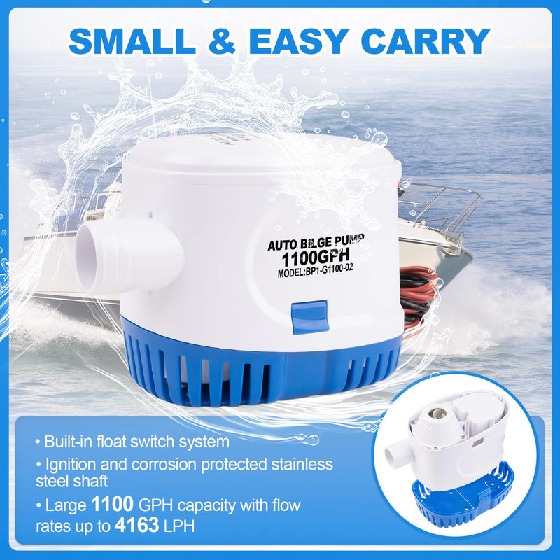 Luney Automatic Bilge Pumps for Boats 12v 1100GPH, Submersible Small Boat Bilge Pump with Float Switch, 1-1/8”(1.14IN or 29MM) Outlet Dia., 39IN 18AWG Wire(Blue)