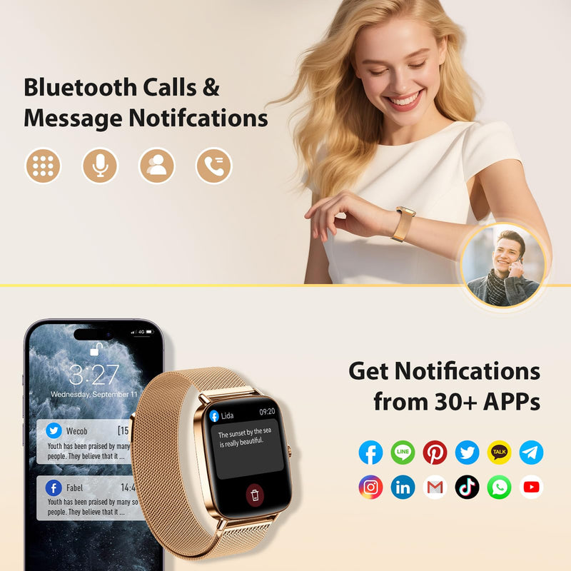 Gydom smart Watches for Women, 1.85" HD Fitness Tracker with Bluetooth Call | 110+ Sports Modes, Heart Rate, SpO2, Sleep & Stress, IP68 Waterproof, 7-10 Day Battery, Android/iPhone, Gold Steel Band Rose Gold 1.85 inches