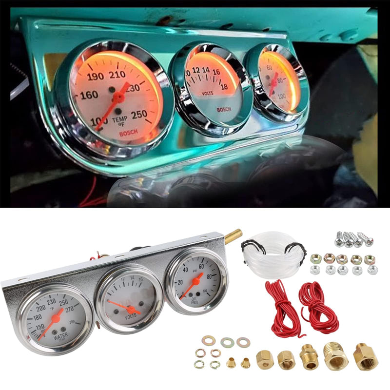 Triple Gauge Kit Oil/Volt/Water Gauge,2"/52mm Chrome Panel 3in1 Car Meter Oil Pressure Fahrenheit Water Temp Ammeter Triple Gauge Kit