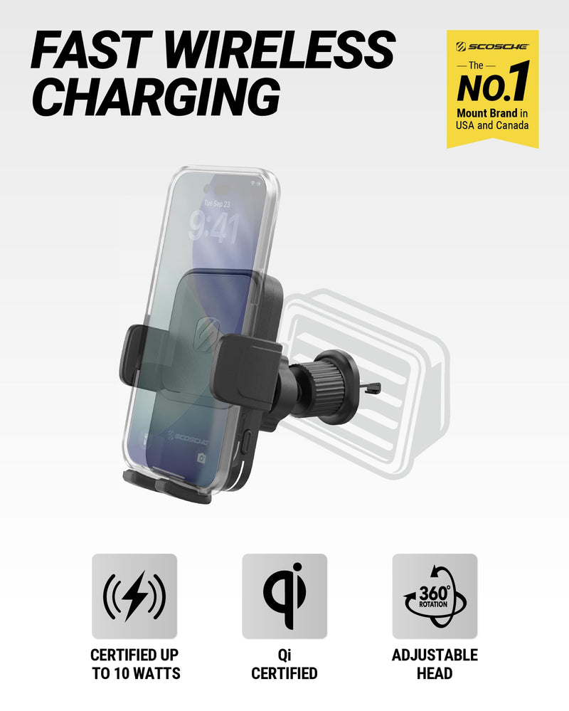 Scosche Wireless Car Charger Mount, Auto-Clamping Car Phone Holder Charger for Dashboard/Windshield/Vent with Adjustable Arm, 360° Rotation, Compatible with iPhone, Samsung, and More Android Phones Window / Dash / Vent