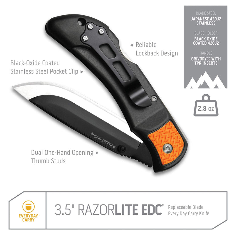 OUTDOOR EDGE 3.5" RazorLite EDC Knife. Pocket Knife with Replaceable Blades and Clip. The Perfect Hunting Blade for Skinning Deer. Blaze Orange with 6 Blades Orange (6 Blades)