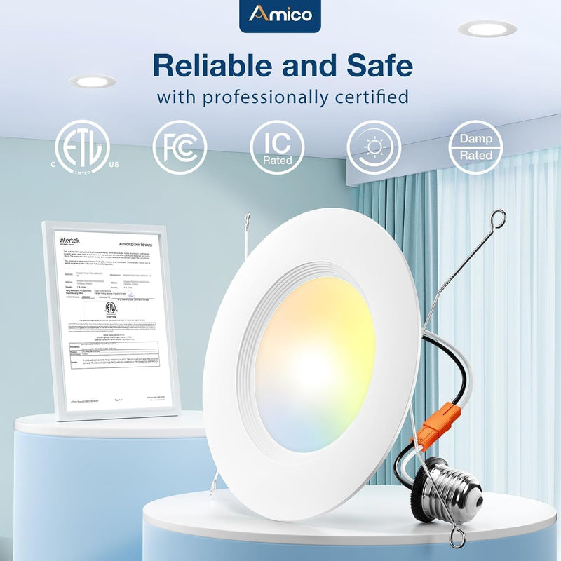 Amico 4 Pack 5/6 inch 5CCT LED Recessed Lighting, Dimmable, 12.5W=100W, 950LM, 2700K/3000K/4000K/5000K/6000K Selectable, Retrofit Can Lights with Baffle Trim, IC Rated - ETL & FCC, White 6 Inch