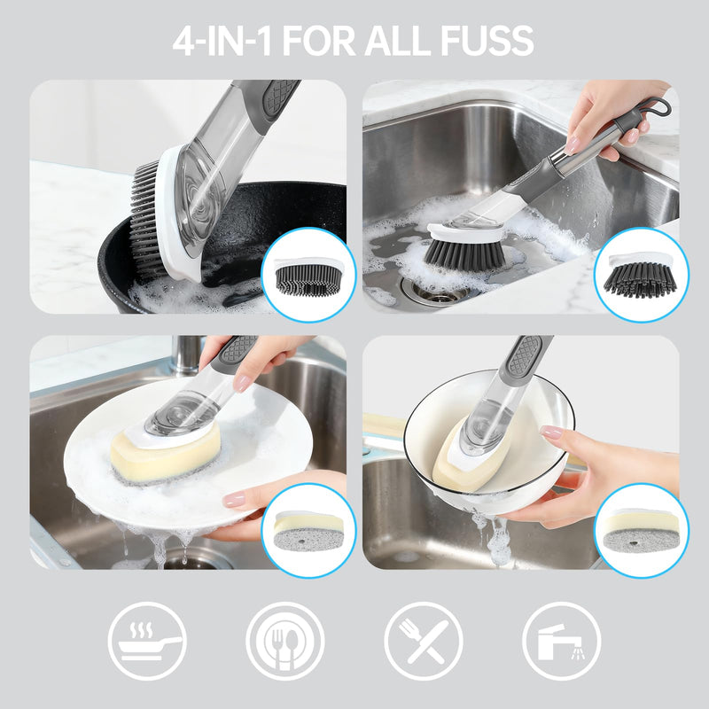 Soap Dispensing Scrub Brush - 4-in-1 Kitchen Cleaning Brush with Built-in Tank, Scraper Heads for Stubborn Grime on Pots Pans, Stand/Hang Storage-Grey 5 Gray