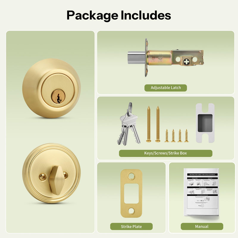 Moquin Gold Deadbolt Lock for Exterior Door, Single Cylinder Deadbolt with Key, One-Sided Deadbolt Lock, Satin Brass