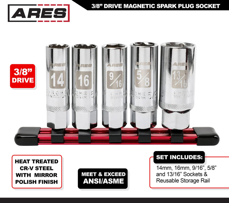 ARES 11016-5-Piece Magnetic Spark Plug Socket Set - Includes 14mm and 16mm Thin Wall Sockets and 9/16-inch, 5/8-inch, and 13/16-inch Sockets - Convenient Reusable Storage Rail Included 5-Piece Magnetic