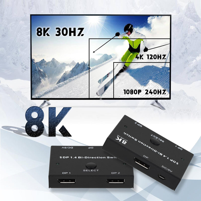 8K DisplayPort Switch Splitter DP 1.4 Bidirectional Switcher Support 8K@30Hz 4K@120Hz 2 in 1 Out or 1 in 2 Out Compatible with PC/HDTV/Projector/Monitor etc