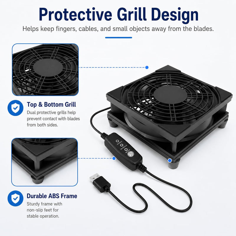 120mm USB Cooling Fan, 3-Speed Adjustable Airflow with Protective Grill, Plug and Play Cooler for Router, Modem, TV Box, AV Cabinet, Game Console, Mini PC, Black