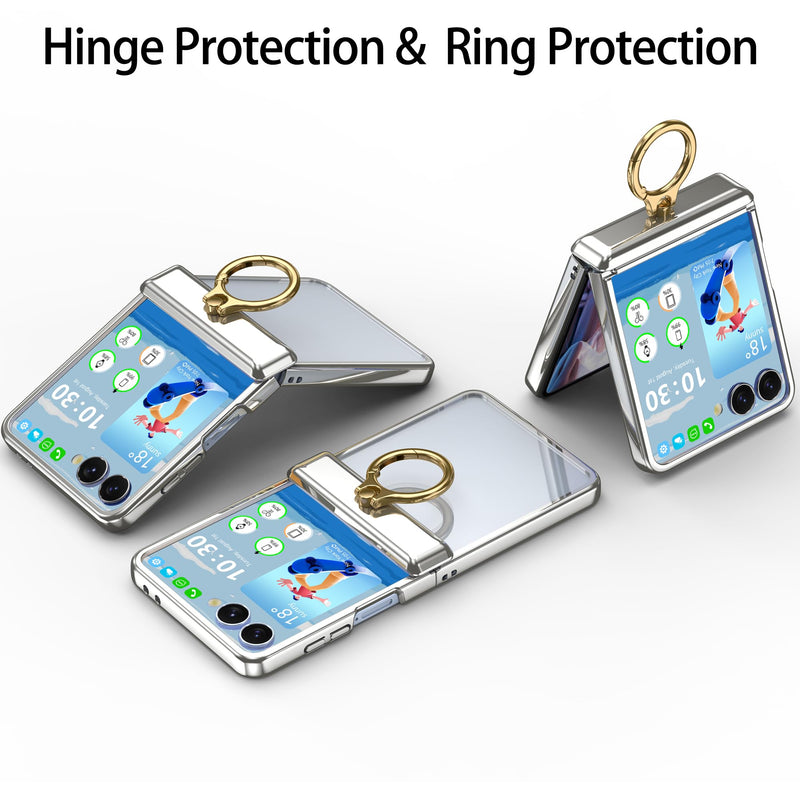 Designed for Samsung Galaxy Z Flip 8 Case with Ring Holder Hinge Protection | Ultra Slim Crystal Plating Protective Cover Case with Screen Protector for Z Flip 8 Clear Silver Clear Silver B
