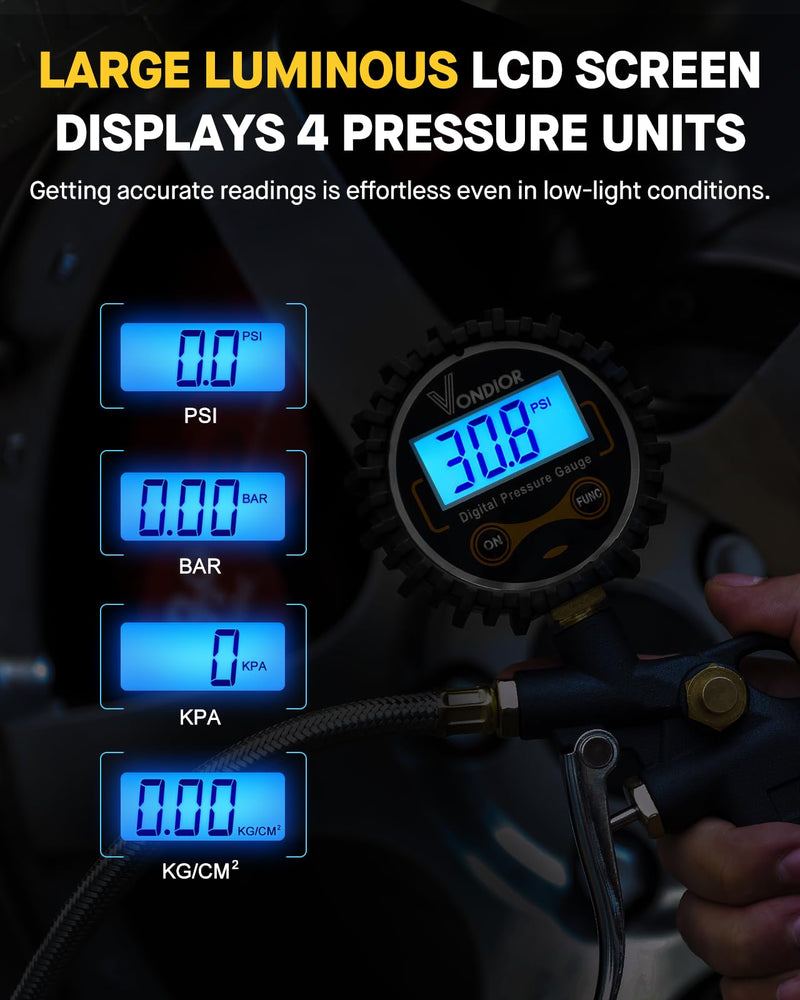 Vondior Digital Tire Pressure Gauge with Inflator, 250 PSI Heavy Duty Air Chuck with Tire Tread Depth Gauge, Stainless Steel Braided Hose with Quick Connect Coupler, Car Accessories 3-250PSI Tire Inflator Gauge