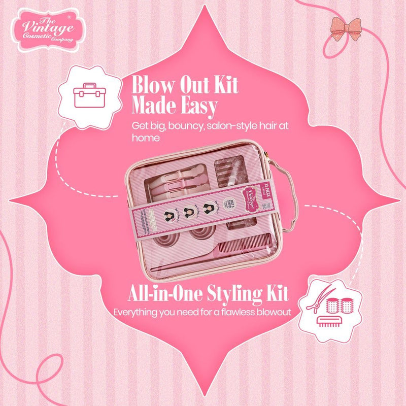 Vintage Cosmetic Company Blow Out Kit 13 Piece Hair Styling Set | 13 Piece Hair Styling Set with Wide Tooth Comb, Pin Tail Comb, Sectioning Clips, Hair Rollers and Travel Case. Complete Kit.