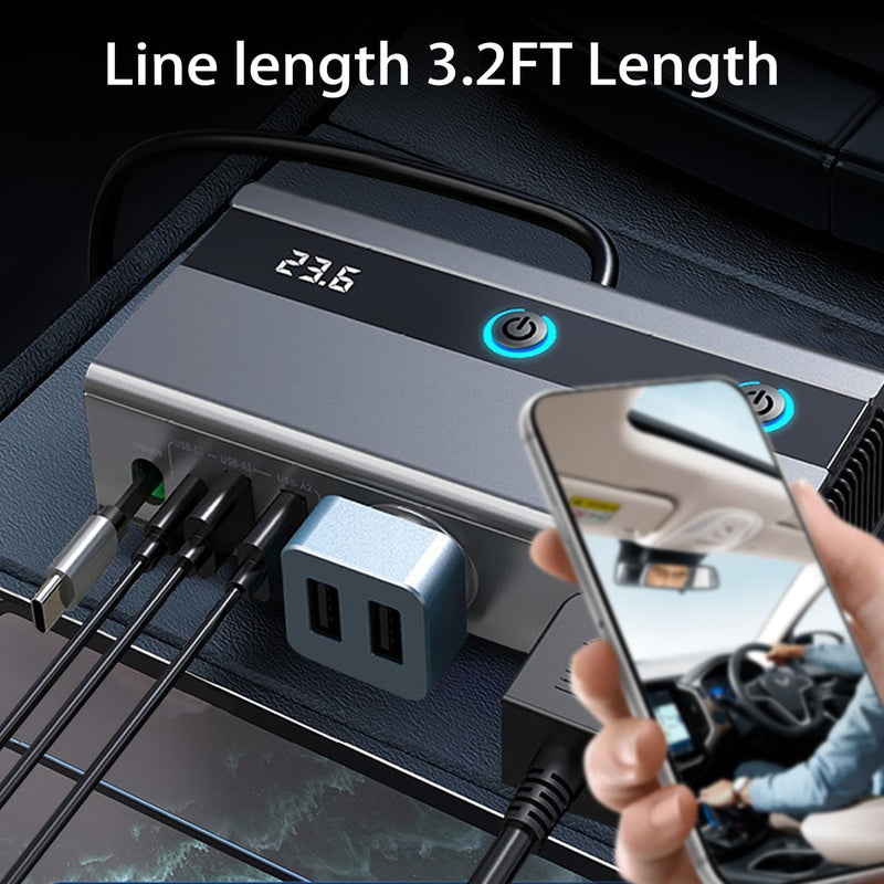 6-in-1 Cigarette Lighter Splitter, 65W PD Fast Charging, 120W Total Output, Two 12V Sockets, Retractable USB-C Cable, Battery Monitor, Trickle Charge, 1M Extension Cable for Front & Rear Charging