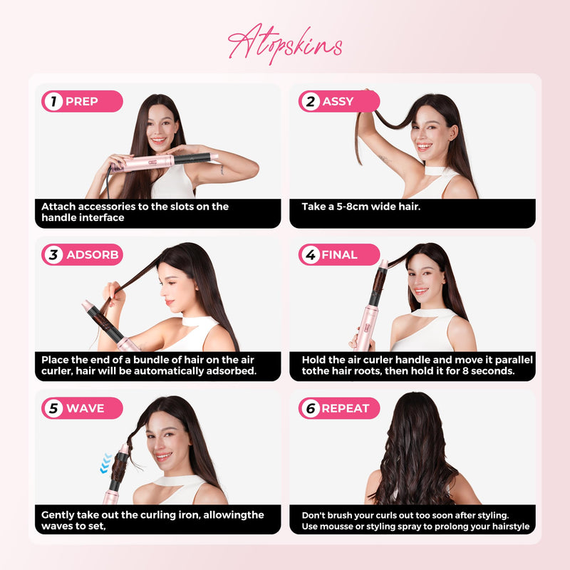 Atopskins Air Styler 5 in 1 Hair Styler Set Airbrush 5 in 1 Magic Styler | Hair Dryer Brush 1000Wwith Airflow Hair Curler Thermal Brush 60000rpm Hairdryer Brushe Drying and Styling Multistyler Gift Pink