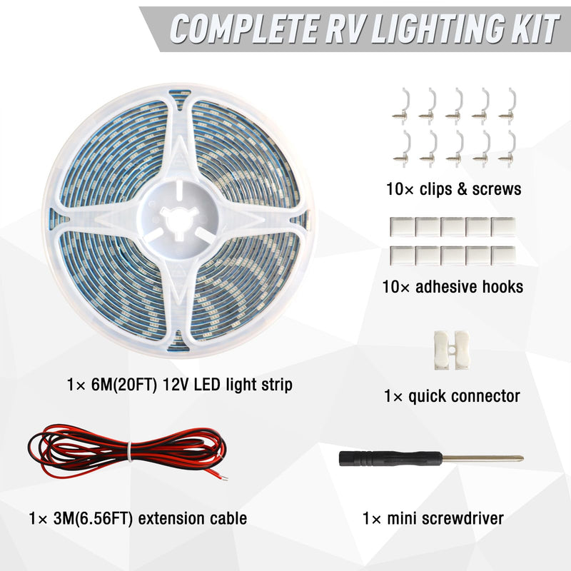20FT RV Awning LED Light Strip, 12V Fixed Brightness Camper Awning Lights Waterproof, Motorhome Exterior Underglow Lighting Strips Kit for Canopy Parties BBQ Food Truck Decor