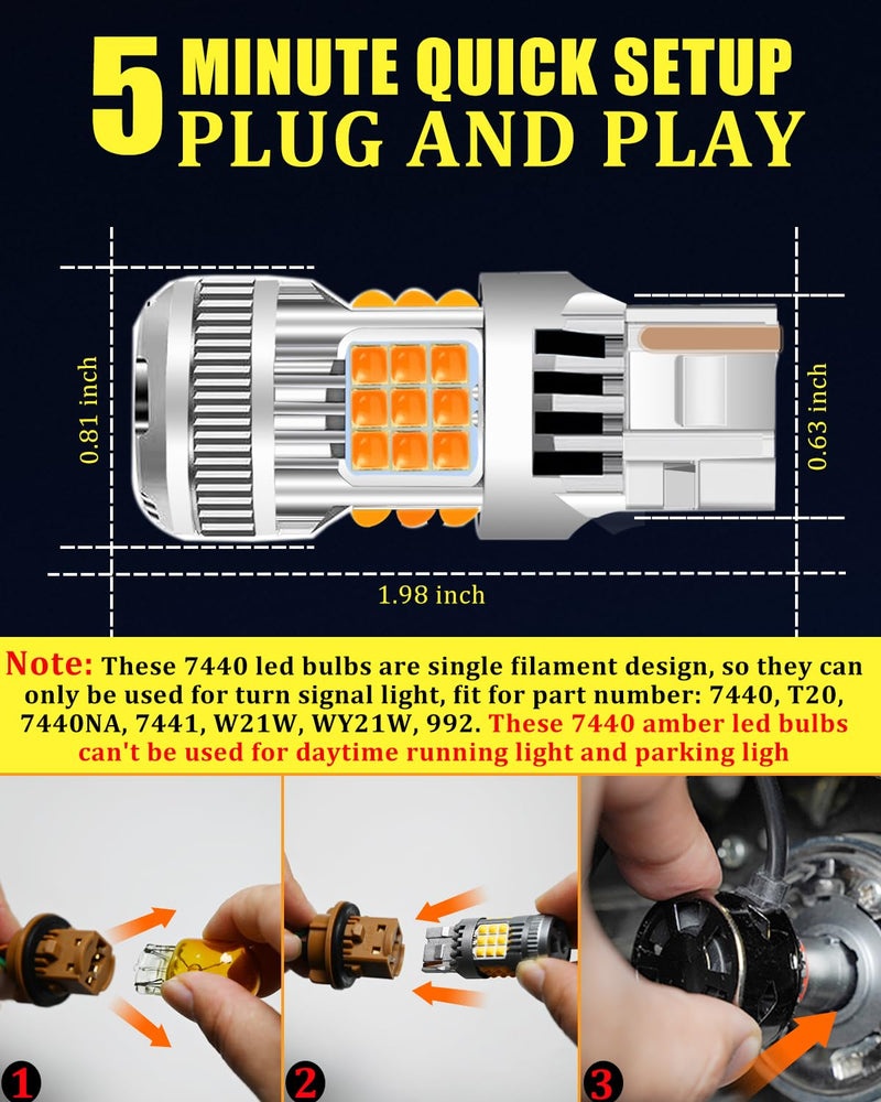 7440 LED Bulb Amber Yellow 4000 Lumens for Turn Signal Lights, CANBUS Error Free, with Built-in Resistor, Anti Hyper Flash 7440NA WY21W T20 7441 W21W Blinker Bulb Replacement (Pack of 2) 7440