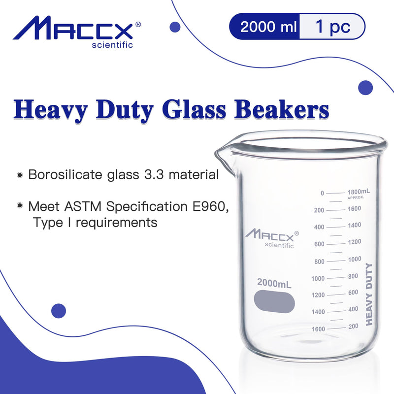 67.6oz(2000ml) Sturdy Glass Beaker, Heavy-Duty 2L Lab Beakers,3.3 Borosilicate Griffin Low Form with Printed Graduation, BKL2K0-001 Vol.2000ml
