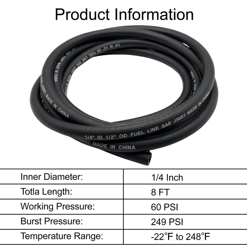 1/4" ID Fuel Hose Line Braided NBR Rubber Tubing 8 Feet for Automotives Generator Lawn Mower with 10 Clamps (6.4mm ID) 1/4" ID
