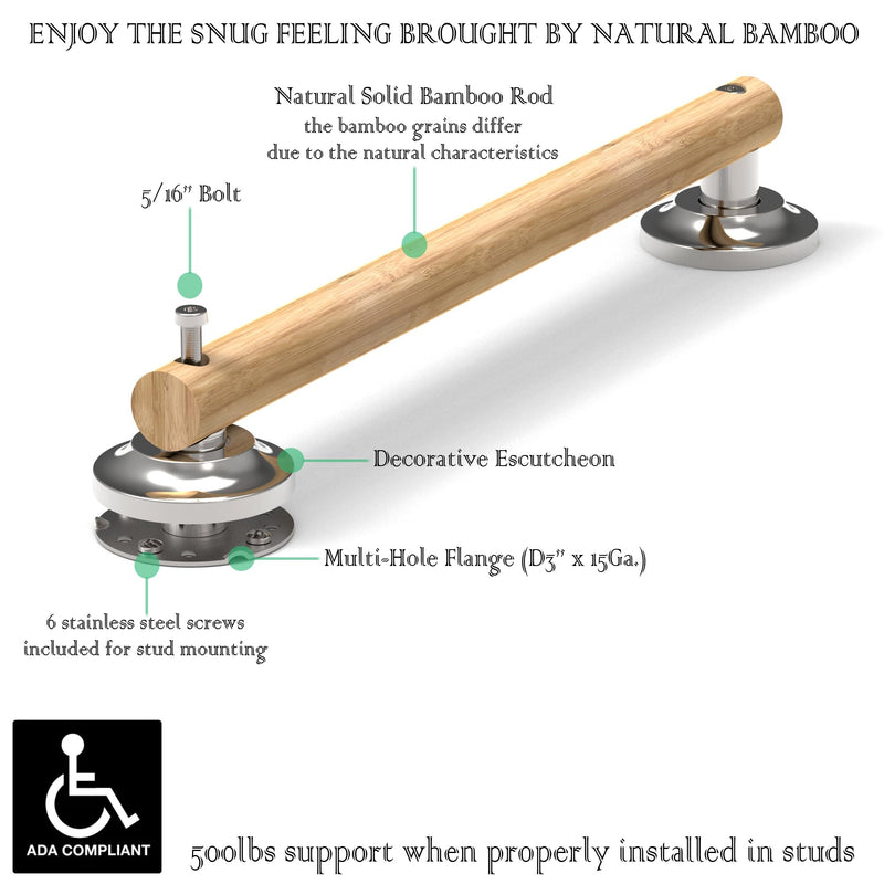 Natural Bamboo Grab Bar for Bathroom & Toilet, ADA Compliant Balance Assist Handrail for Handicap and Seniors, 18in Brushed Nickel