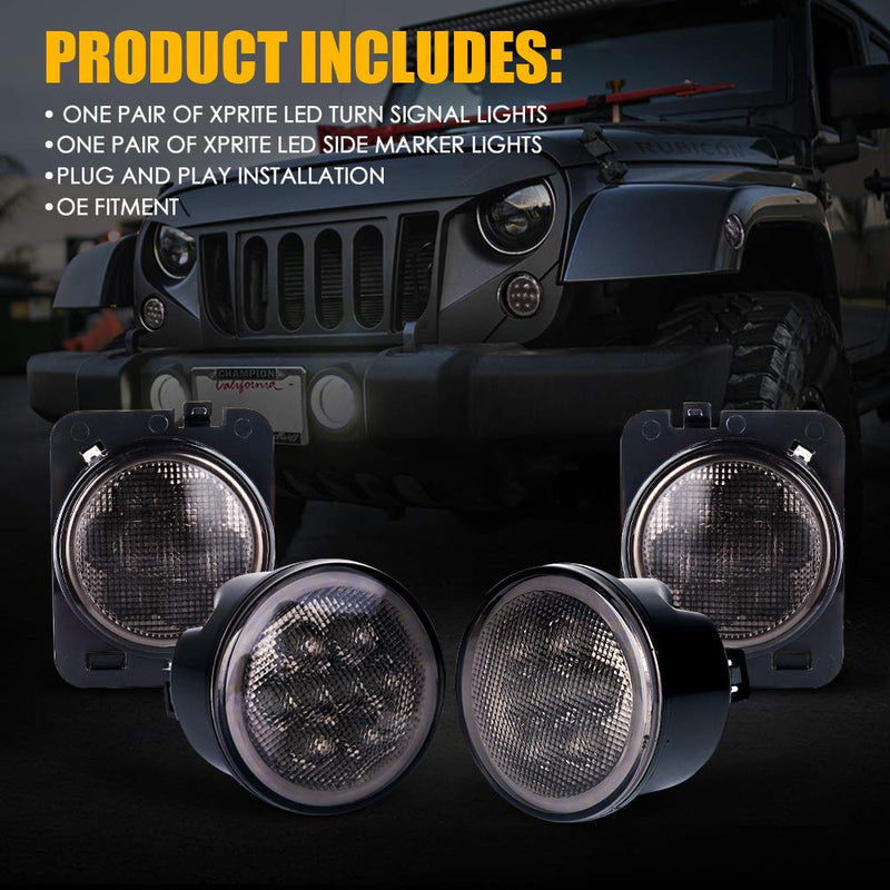 Xprite LED Turn Signal Lights w/White DRL Halo, Smoked Lens Fender Side Marker Lights Indicator Lamp Compatible with 2007-2018 Jeep Wrangler JK & Wrangler Unlimited Smoke Lens w/ Halo