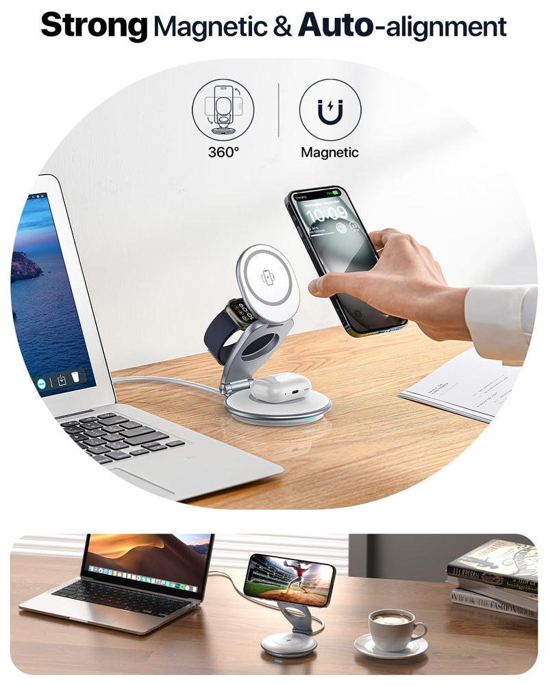 Wireless Charging Station for Apple Devices Travel Charging Station,Foldable for Magsafe Charger,3 in 1 Charging Station for iPhone 15/14/13/12 Series for Apple Watch & AirPods(30W Charger Included)