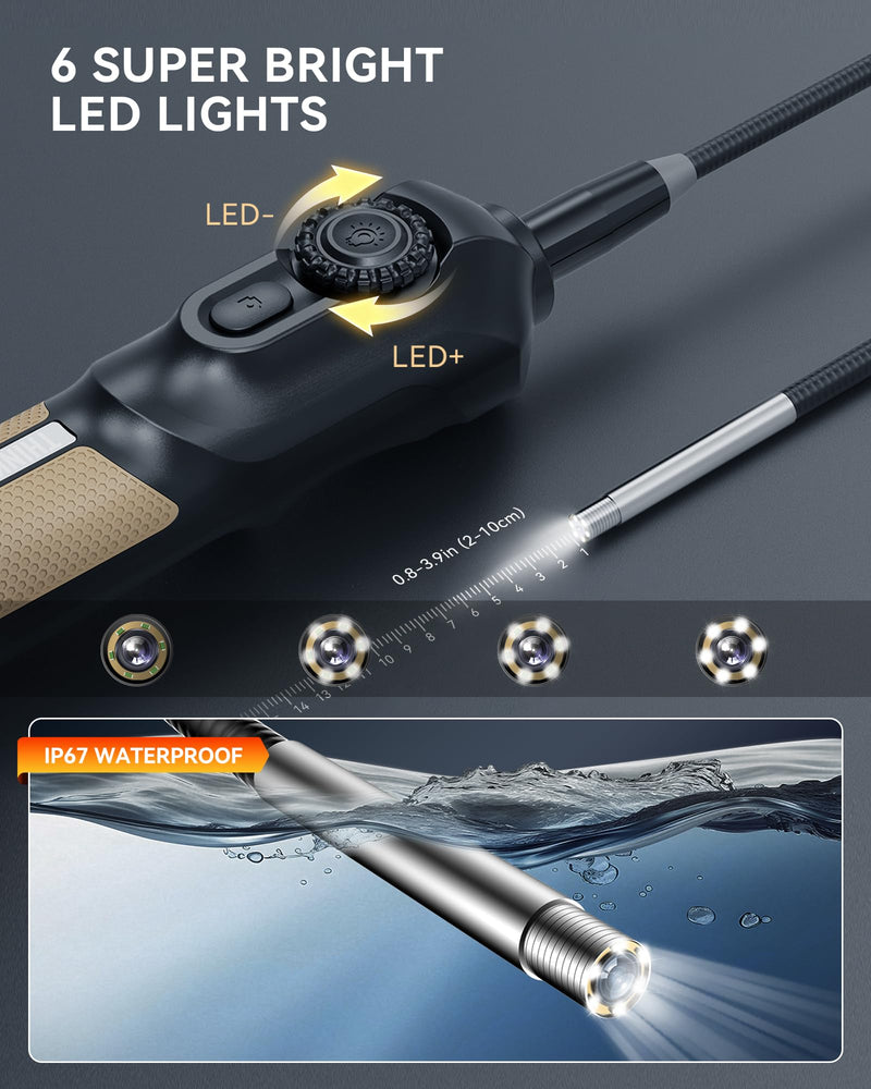 THINKCAR TES102 Endoscope Camera with Light, 0.21 Inch HD Borescope with 6 Adjustable LED Light, IP67 Waterproof Semi-Rigid Snake Camera, One Click Snapshot Inspection Borescope