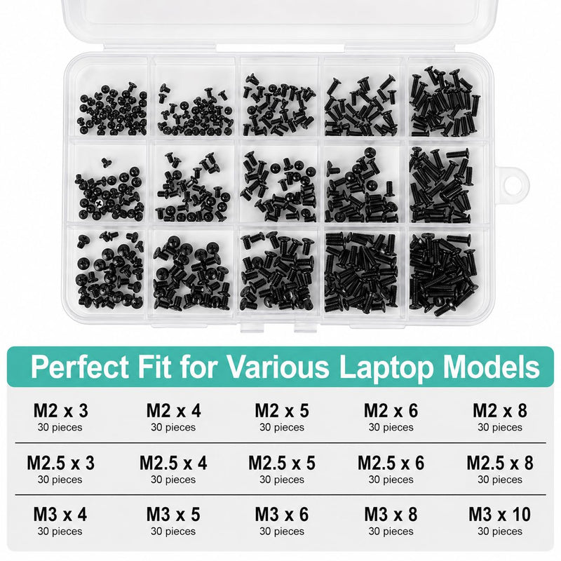 Laptop & PC Screw Kit, 450 Pcs, 15 Sizes, M2/M2.5/M3, Flat Head | Black carbon-steel flat-head Phillips screws with a mini screwdriver and labeled storage case for laptop, SSD and HDD repair